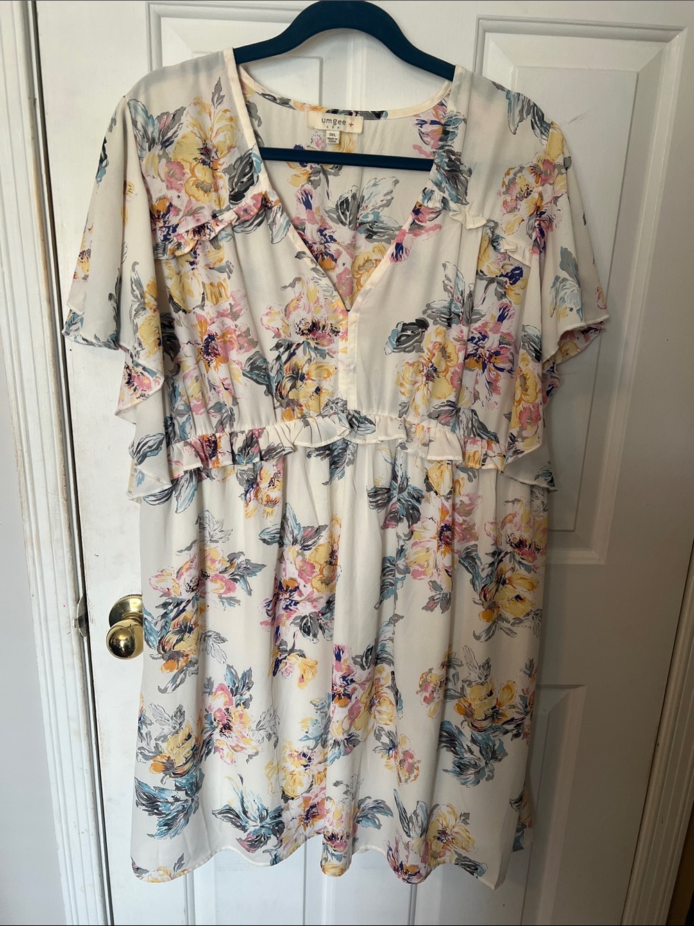Umgee Cream Floral V-Neck Ruffle Midi Dress